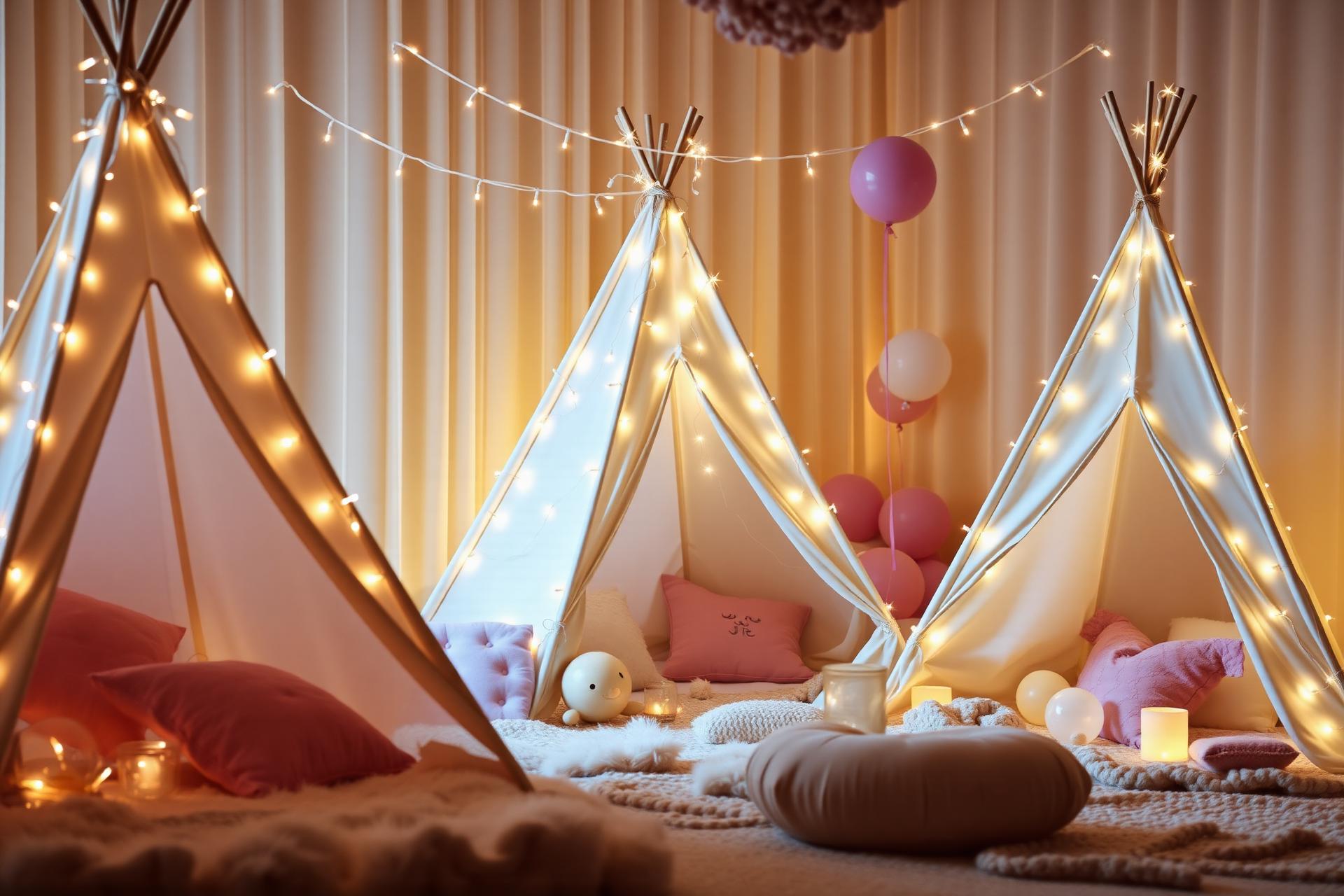 Corturi tipi decorate cu lumini pentru petreceri pijama